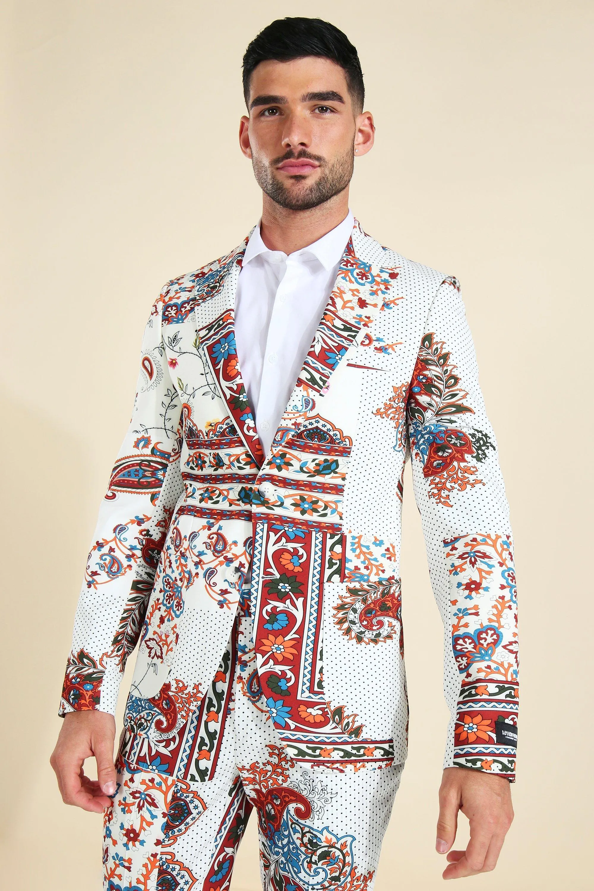 Einreihige Skinny Anzugjacke mit Paisley-Print